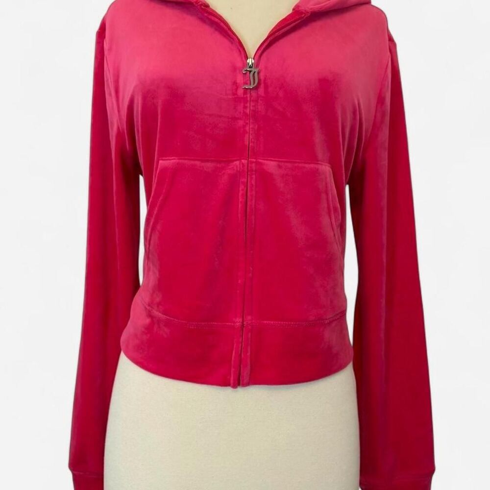 Juicy Couture Women's Sz L Hot Pink OG Big Bling Velour Zip-Up Hoodie Sweater - Picture 2 of 5